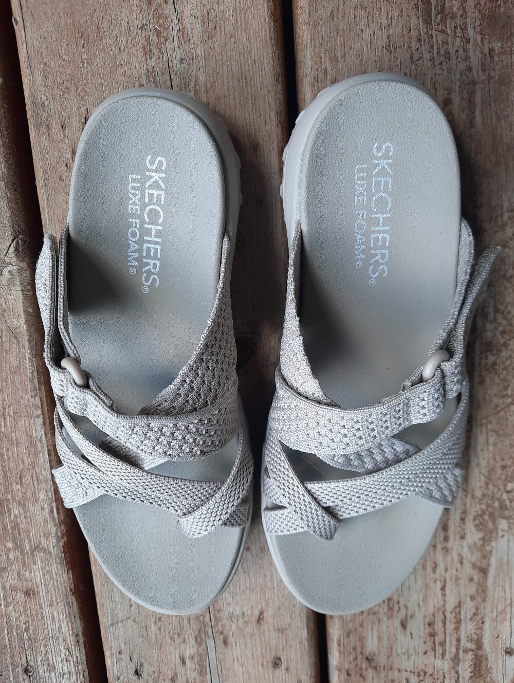 Skechers Luxe Foam Strappy Criss-cross Slide Sandals Taupe Comfort Sole Size 8 - Picture 11 of 15